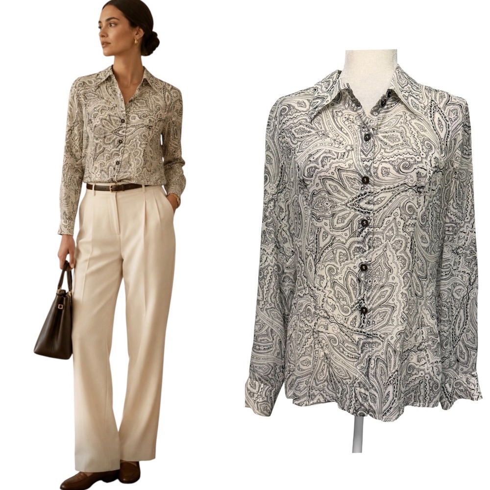 Escada Tunic Top Womens 36 US 6 100% Silk Paisley Button Up Old Money Luxury